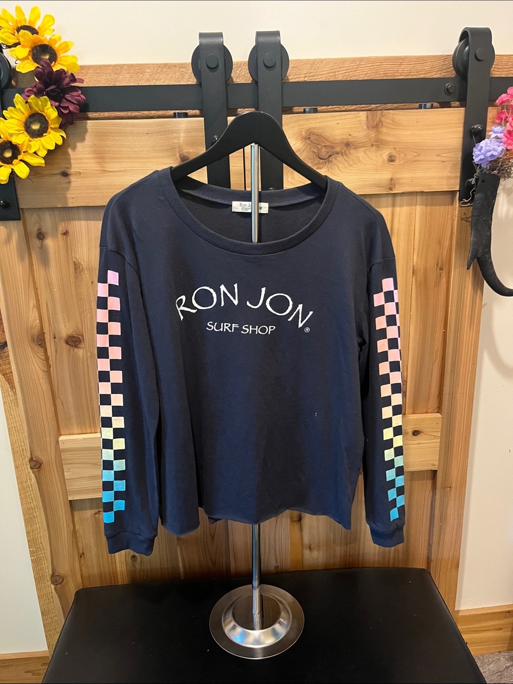 Ron Jon Black Long Sleeve Tee with Pastel Checkerboard Sleeves